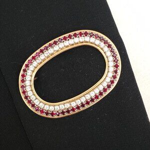 Vintage Oval Shaped Deep Red and Clear Rhinestone Brooch